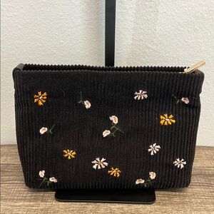 ✨Shiraleah Black Corduroy Cosmetic Bag with Floral Embroidery 🌼